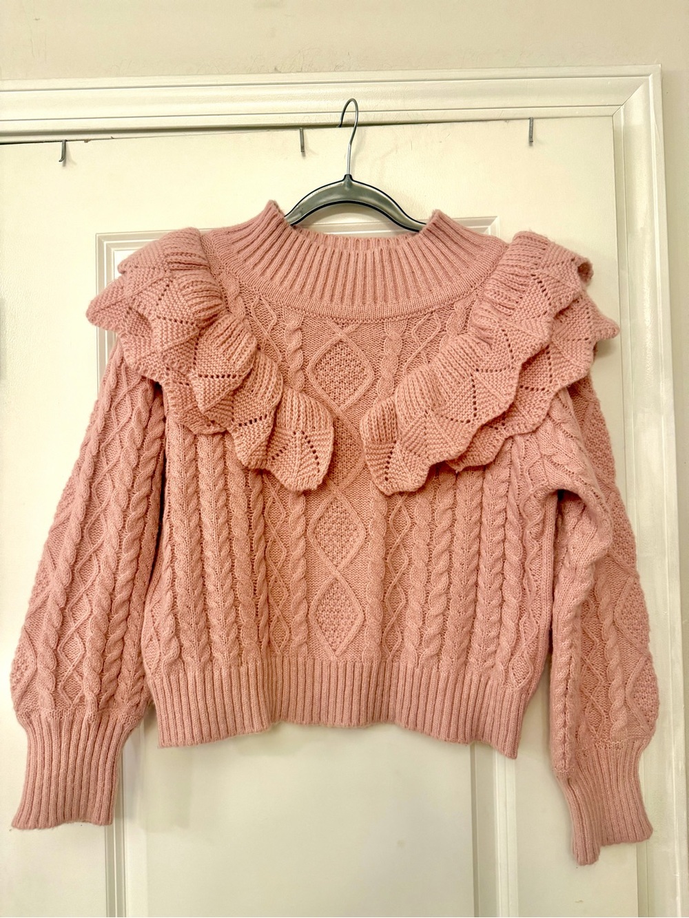Women’s Pink Ruffle Cable Knit Sweater